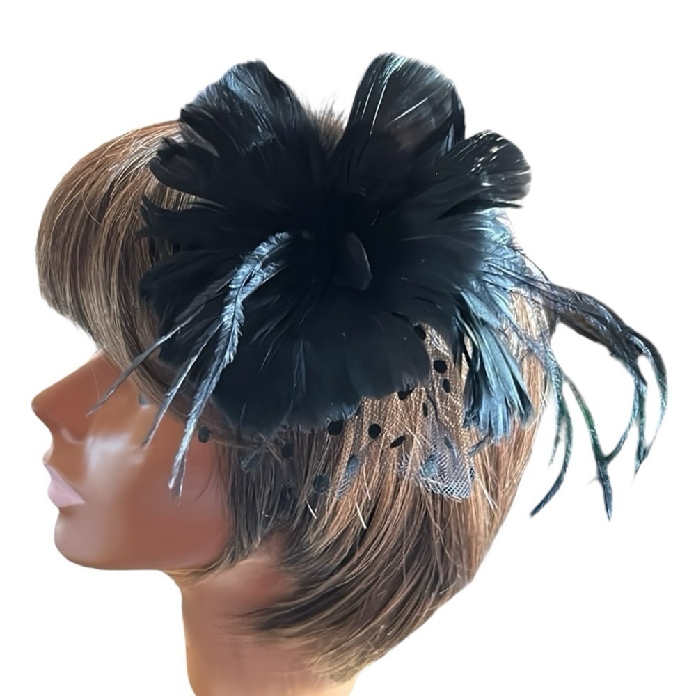 Black Feather with Dotted Tulle Flower Hair Clip Fascinator Headpiece or Pin